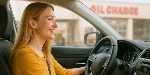 Woman sitting in the driver’s seat of a car, turning the ignition key, with an oil change shop visible outside the window in the background.