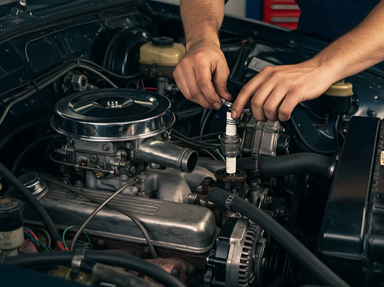 A person’s hands installing or removing a spark plug from a car engine in a workshop setting, where services like clutch replacement and cylinder replacement are also performed.