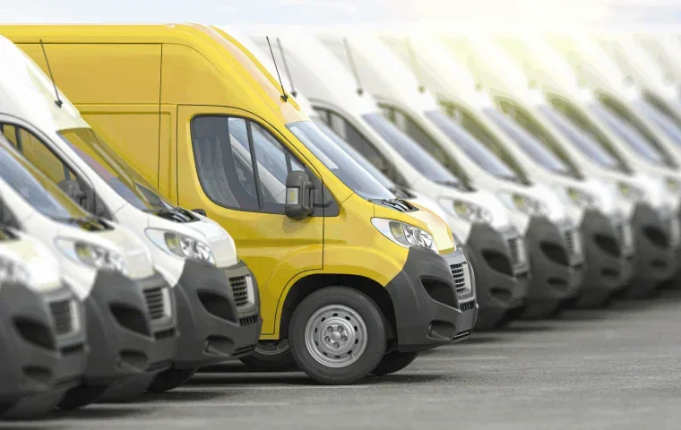 A row of white delivery vans is parked in a lot, with one yellow van standing out among them.