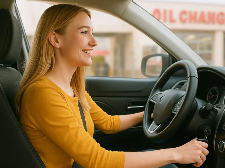 Woman sitting in the driver’s seat of a car, turning the ignition key, with an oil change shop visible outside the window in the background.