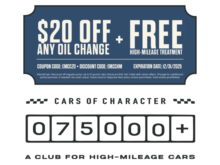 Promotion offering $20 off any oil change and free high-mileage treatment with coupon codes, valid through 12/31/2025, for cars with over 75,000 miles.