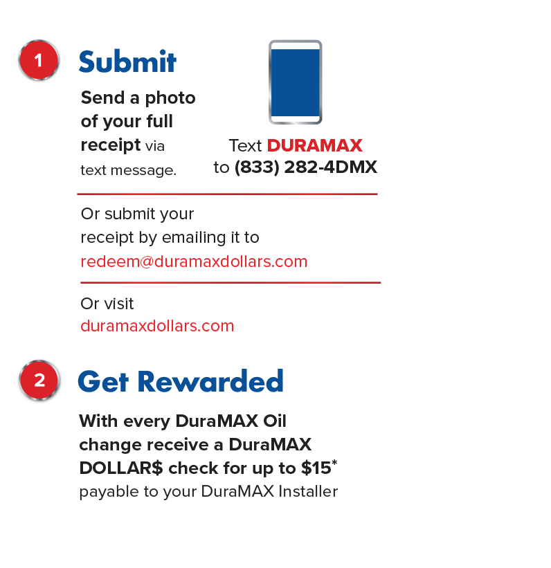 Submit your receipt by text, email, or website after a DuraMAX oil change and receive a check for up to $15. Earn Duramax Dollars and enjoy exclusive diesel truck rewards with every qualifying service.