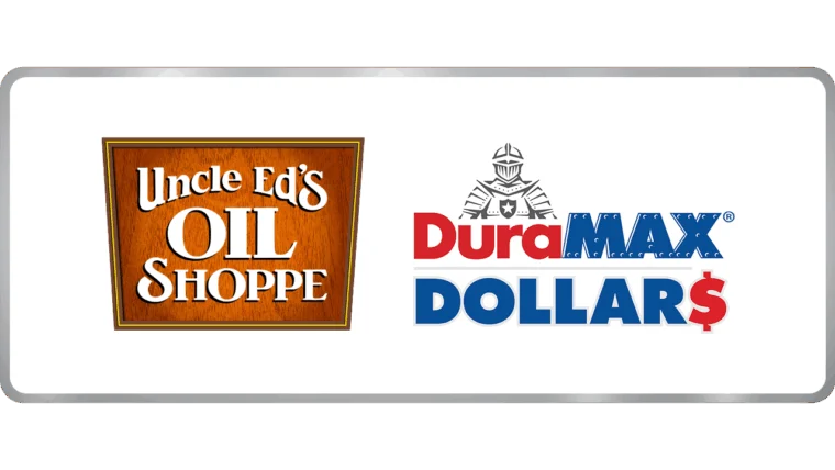 Logos for Uncle Ed's Oil Shoppe on a wooden sign and Duramax Dollars with a knight graphic on a white background.
