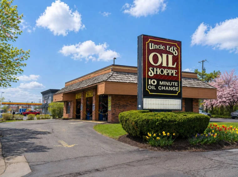 A single-story brick building with a large sign reading "Uncle Ed's Oil Shoppe 10 Minute Oil Change" in front, surrounded by flowers and a paved driveway.