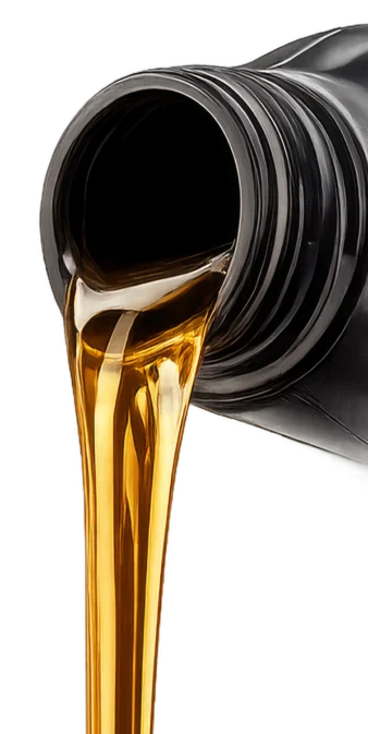 Golden-brown motor oil being poured from a black plastic bottle against a white background.