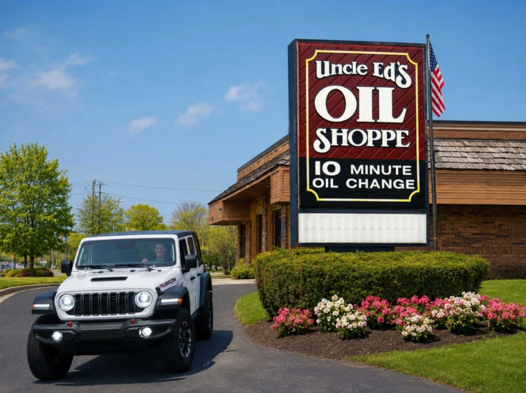 A white Jeep is parked in front of Uncle Ed’s Oil Shoppe, which advertises a 10-minute oil change on its sign; flowers and bushes line the driveway.